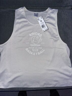 adidas White Mesh Basketball Tank with Hoop Graphic